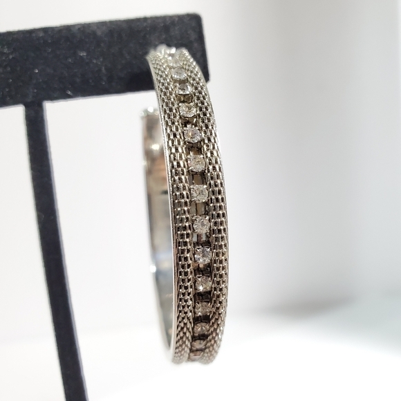 Silvertone large mesh and rhinestones inlay hoop bangle earrings 2" - Picture 10 of 10